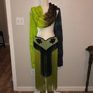 Lime green / black fringe belt and silk veil